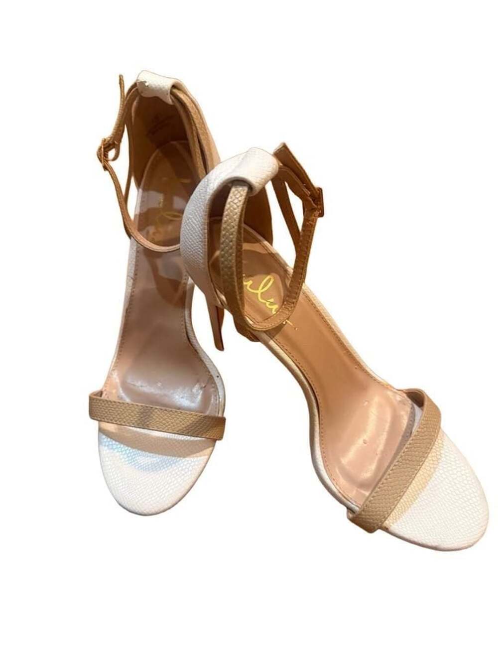 Lulus White and Tan Ankle Strap Stiletto Heels Size 9